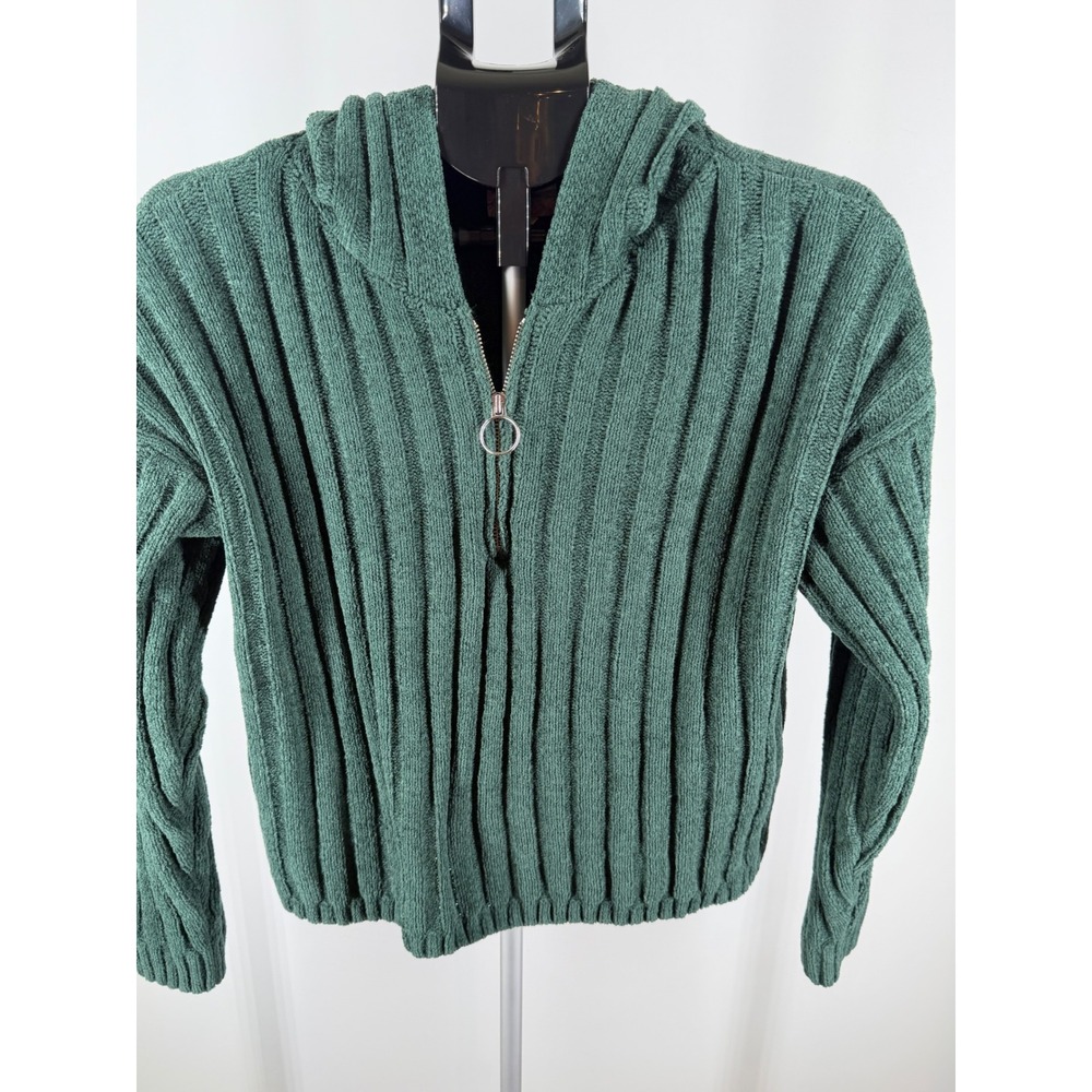 Pink Republic Womens Forest Green Ribbed Quarter Zip Hooded Sweater Size M - Picture 2 of 7